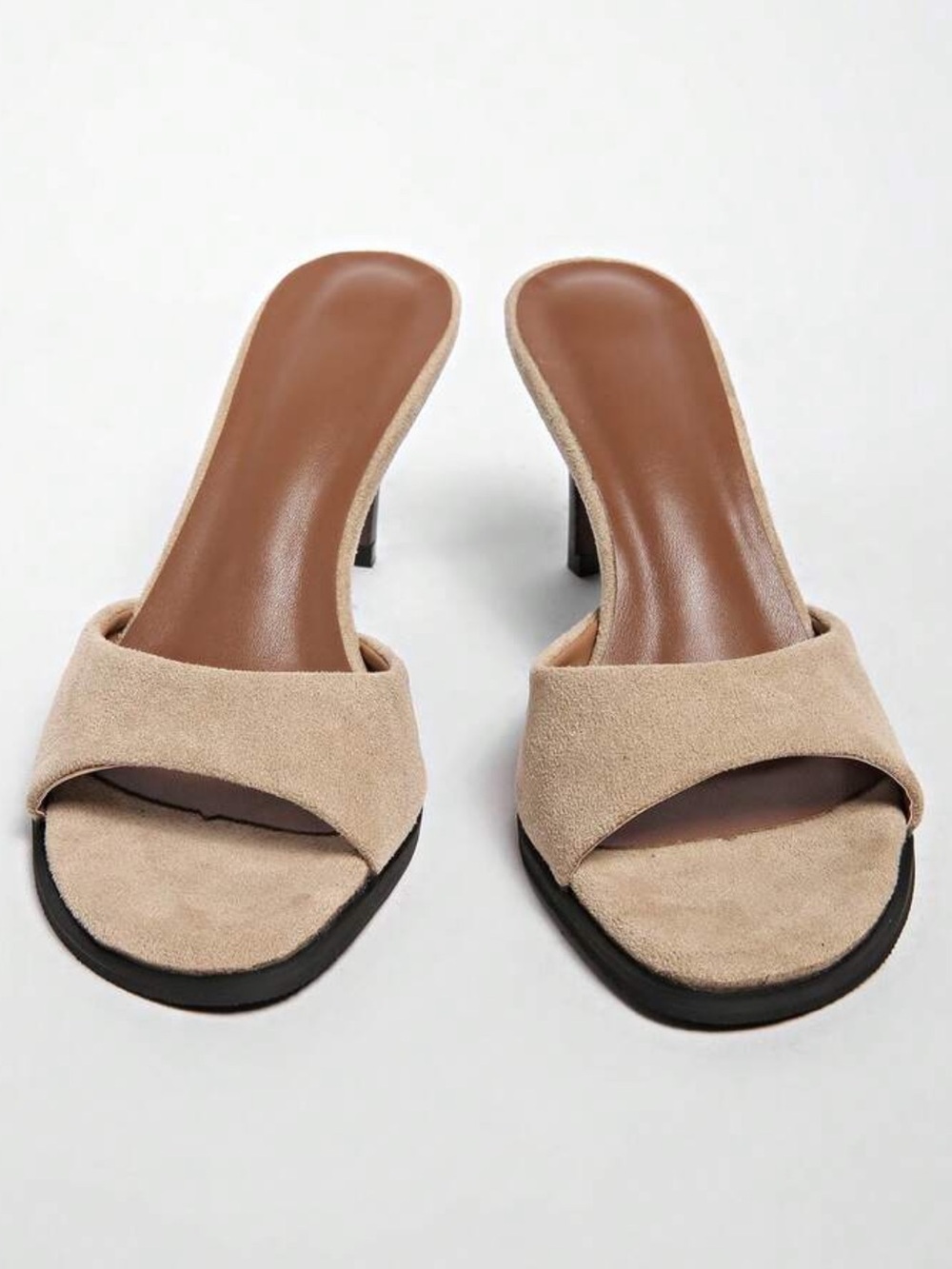 Light taupe Khaki faux Suede Open-Toe Mule Heels - Picture 2 of 3